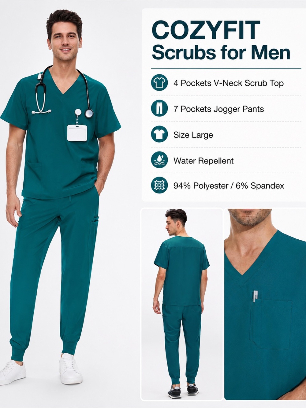 Men’s Teal V-Neck Scrub Set - 4-Pocket Top & Jogger Pants